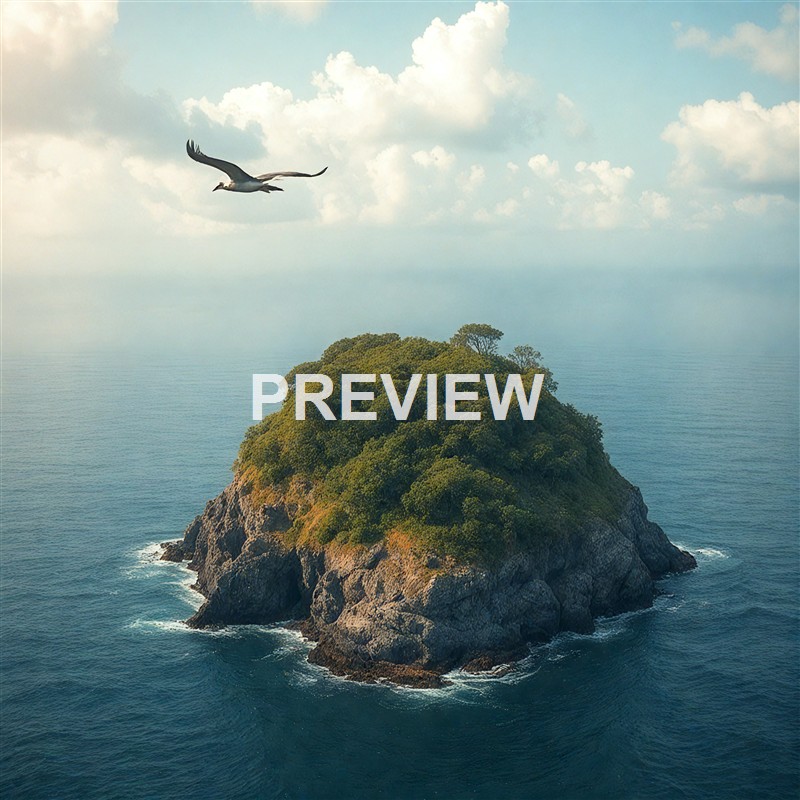 An island covered with green trees surrounded by the ocean, with a bird flying above it against a partly cloudy sky.